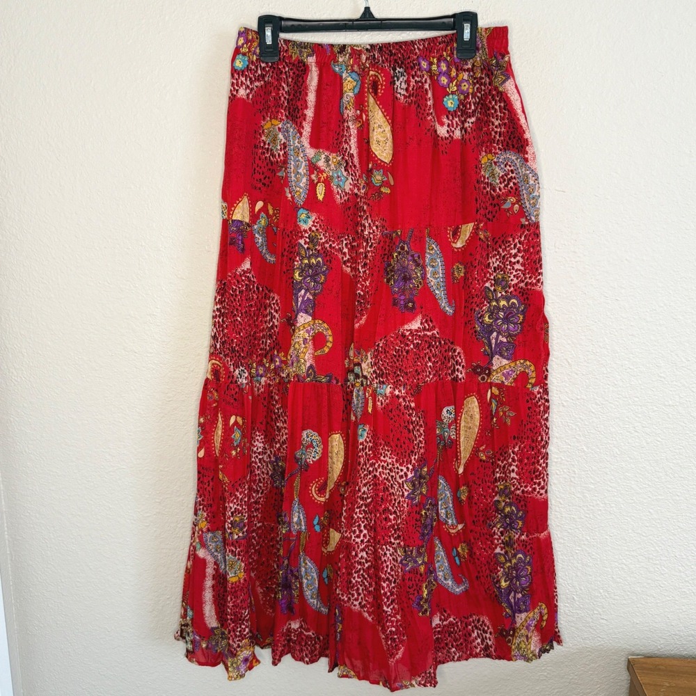 Boho Indie‎ Red Statement Animal Print Tiered Broomstick Maxi Skirt Womens Large